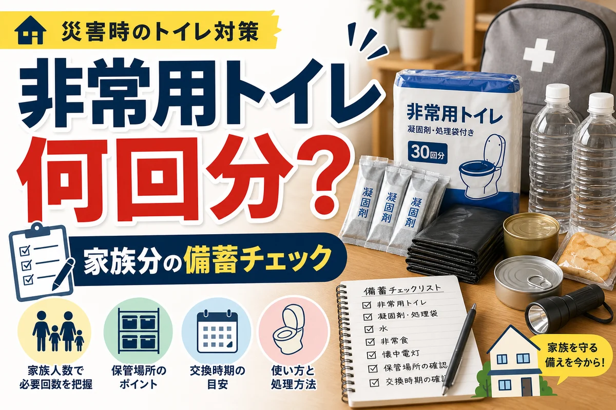 非常用トイレの回数計算、保管場所、衛生用品を家族人数別に確認する防災サムネイル