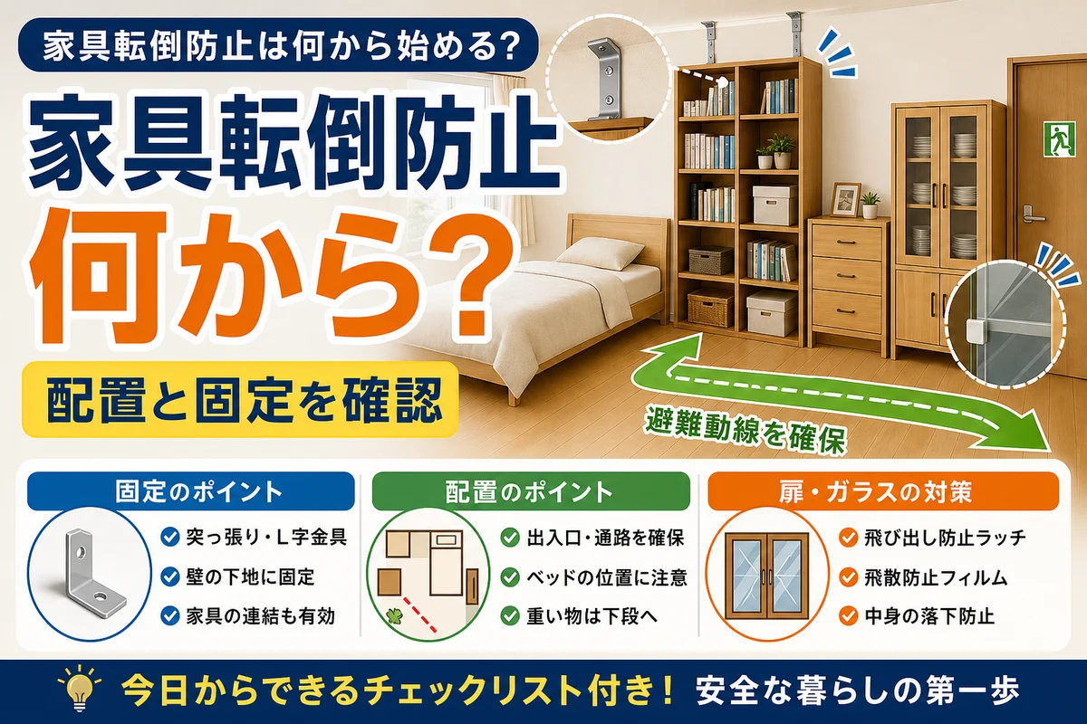 家具の固定、配置、避難動線、扉やガラス対策を確認する防災チェックのサムネイル