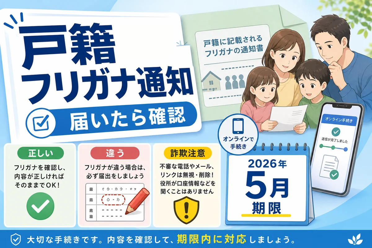 戸籍の氏名フリガナ通知が届いたらどうする？届出期限・マイナポータル・詐欺対策の確認ガイドの比較・確認ポイントを表す日本語サムネイル