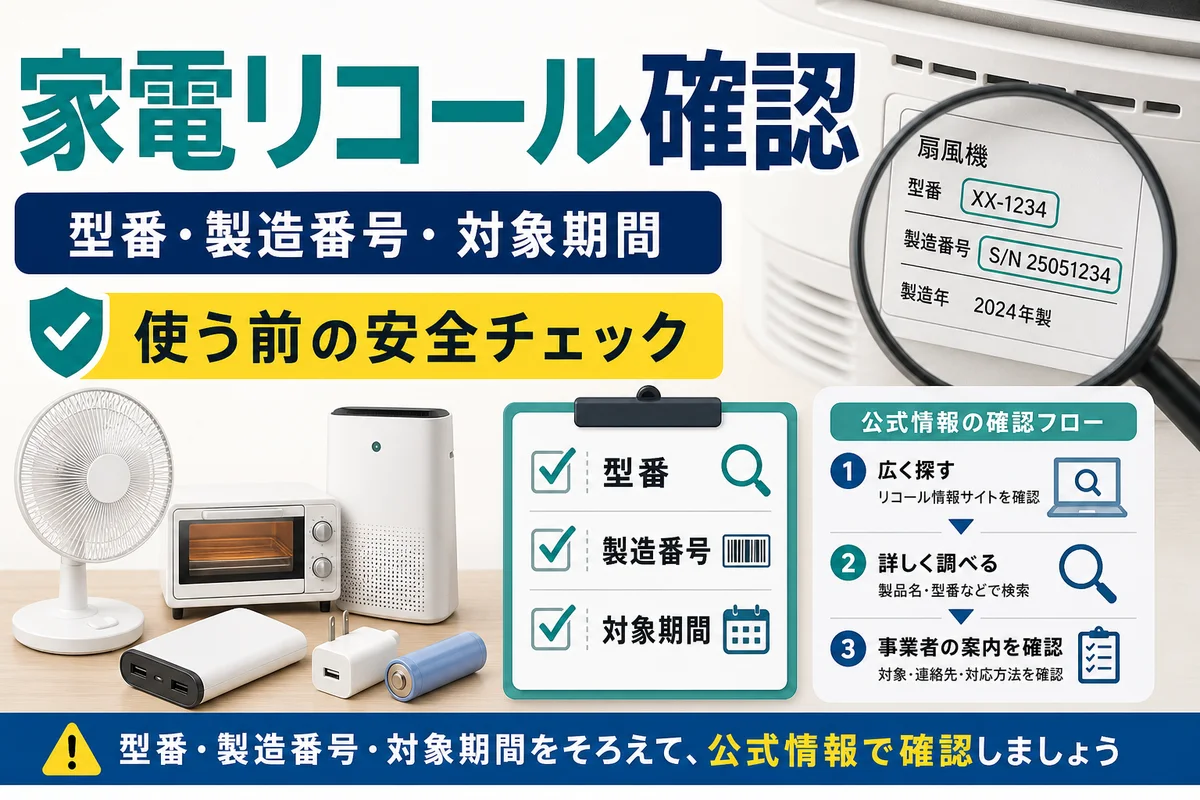 家電の型番、製造番号、リコール対象期間を確認する日本語サムネイル