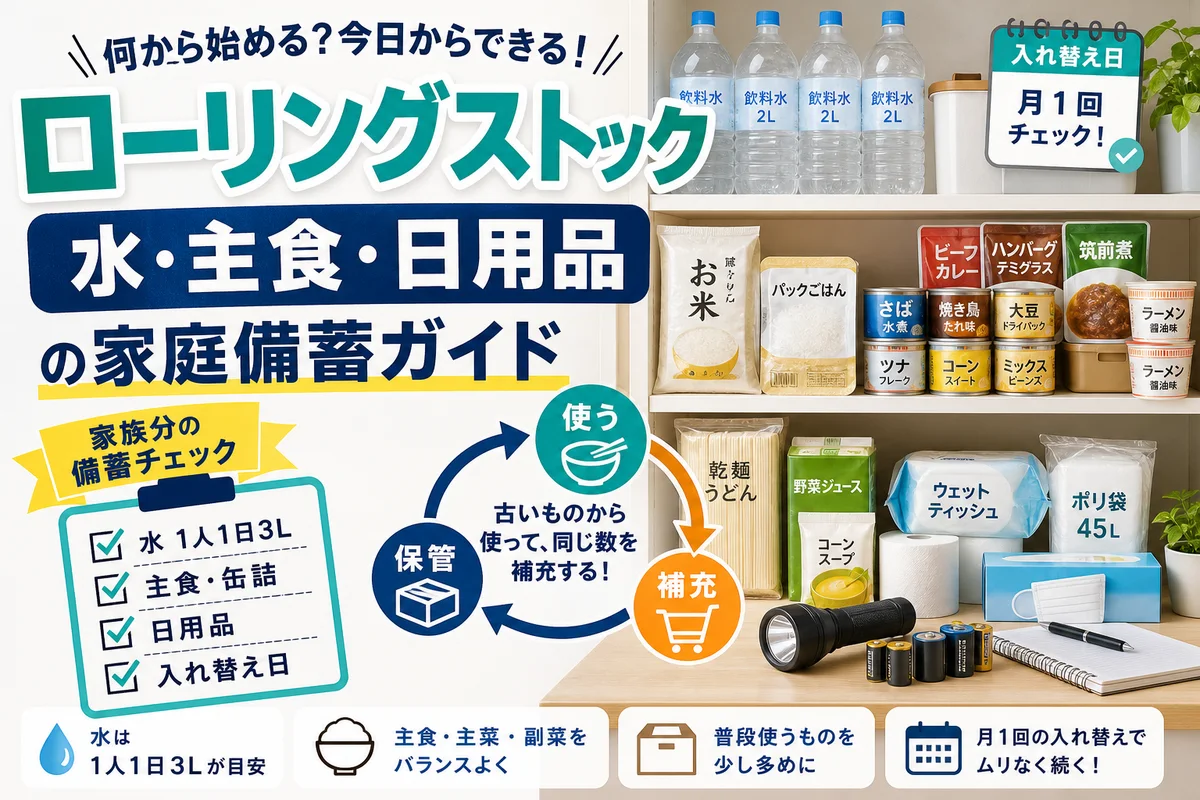 水、主食、缶詰、日用品をローリングストックで確認する日本語サムネイル
